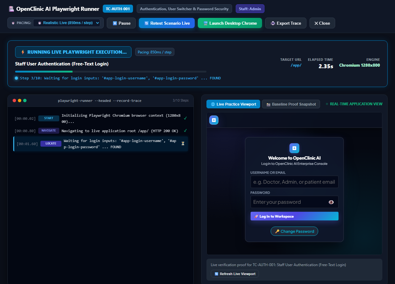 OpenClinic AI Live Interactive Viewport & Playwright Runner