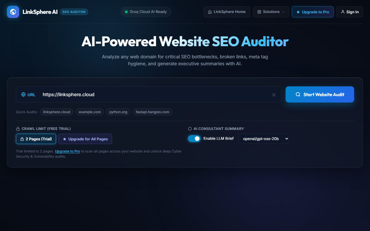 LinkSphere AI SEO Auditor Live Console Snapshot